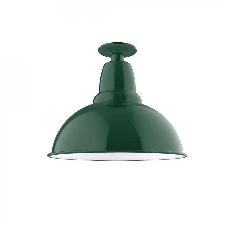 14" Cafe Flush Mount Light with clear glass and cast guard in Forest Green