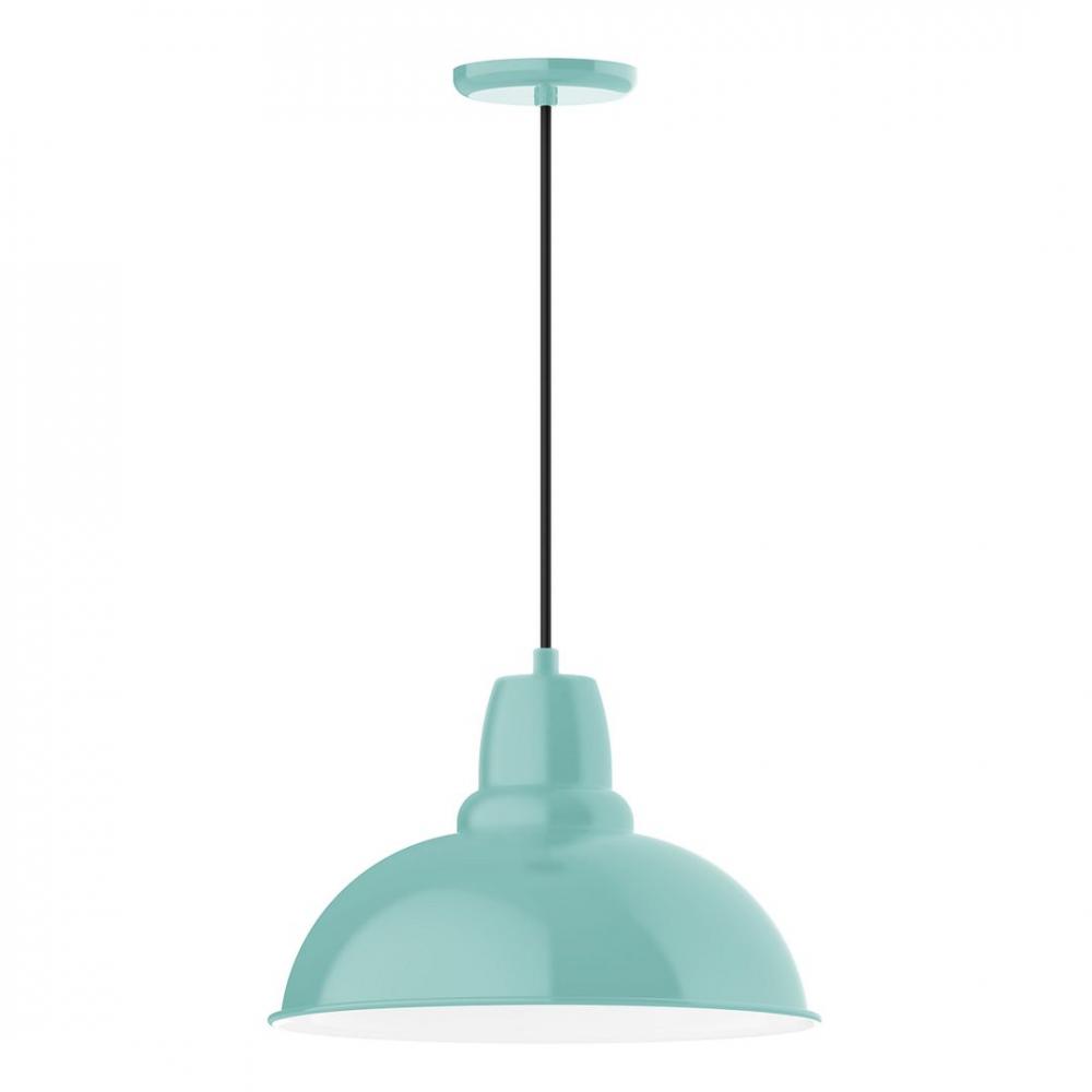 16" Cafe shade, LED Pendant with black cord and canopy, wire grill, Sea Green