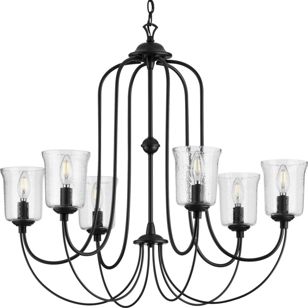 Bowman Collection Six-Light Matte Black Clear Chiseled Glass Coastal Chandelier Light