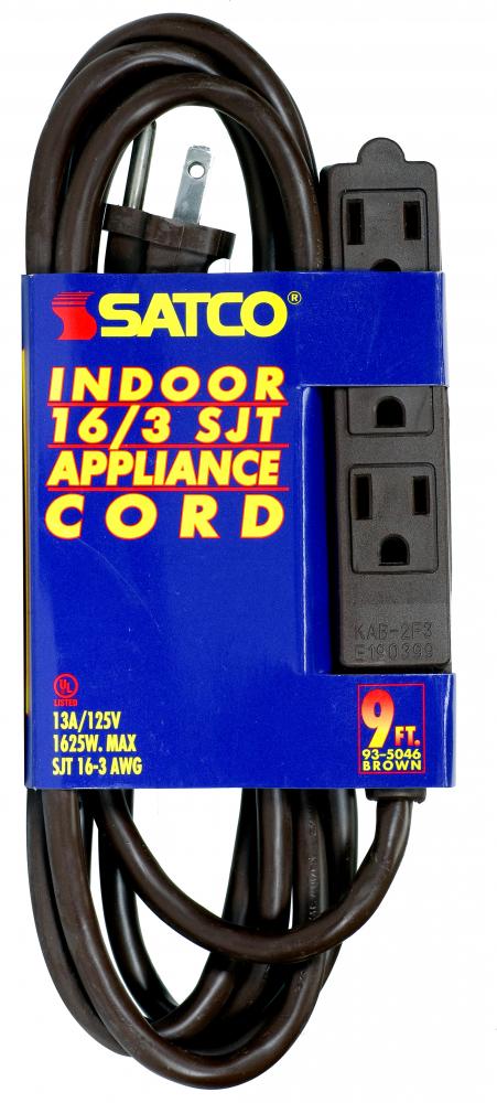 9 Foot Extension Cord; Brown Finish; 16/3 SJT; Indoor Only; 13A-125V-1625W Rating