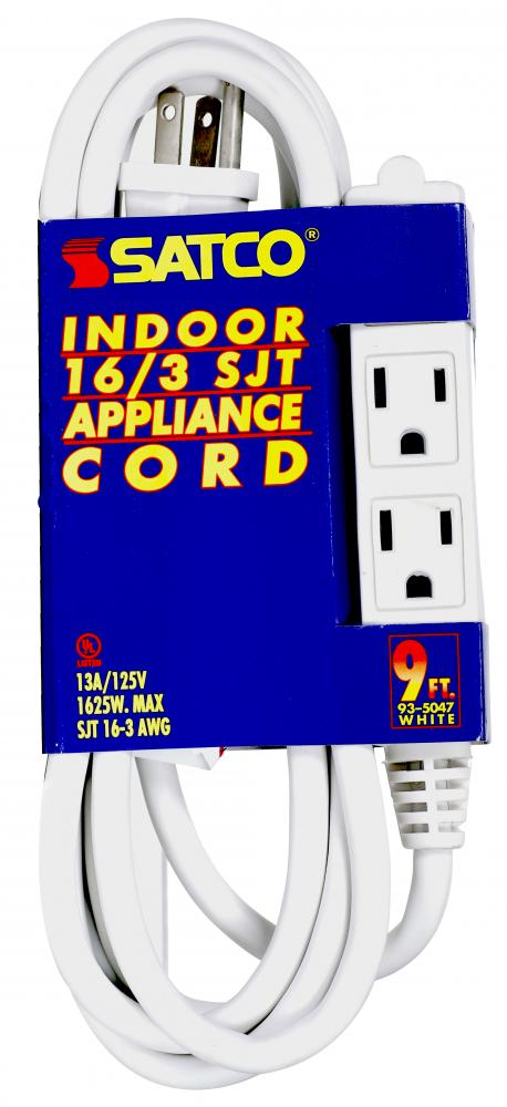 9 Foot Extension Cord; White Finish; 16/3 SJT; Indoor Only; 13A-125V-1625W Rating