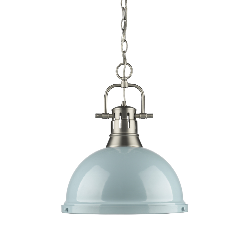 Duncan 1 Light Pendant with Chain in Pewter with a Seafoam Shade