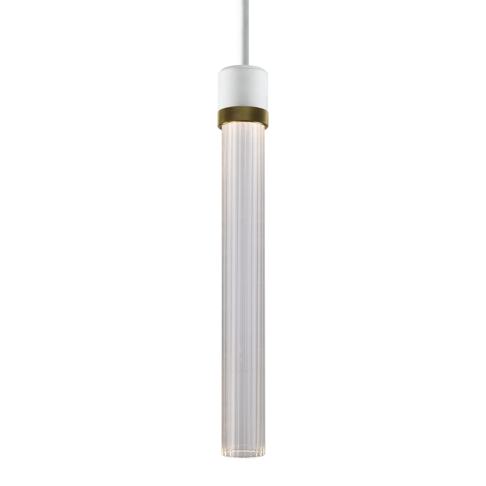 3" LED 3CCT Cylindrical Pendant Light, 18" Fluted Glass and Matte White with Aged Brass Fini