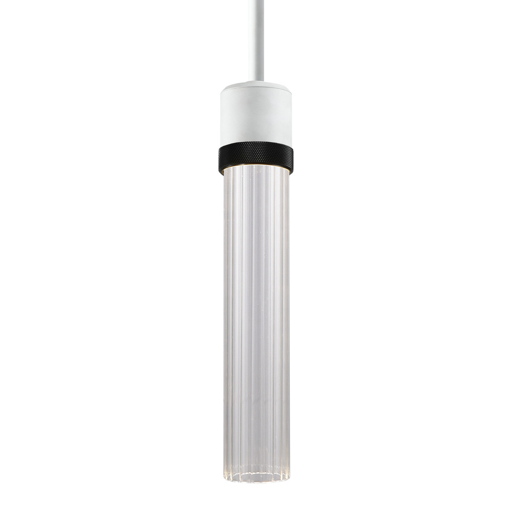 3" LED 3CCT Cylindrical Pendant Light, 12" Fluted Glass and Matte White with Black Finish