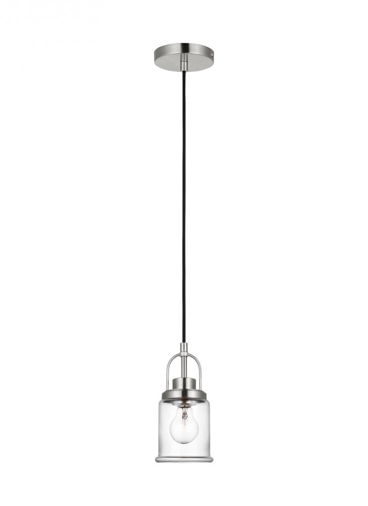 Anders industrial 1-light indoor dimmable mini pendant in brushed nickel finish with clear glass sh