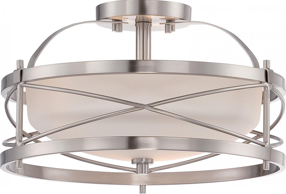 Ginger - 2 Light Semi Flush with Satin White Glass - Brushed Nickel Finish