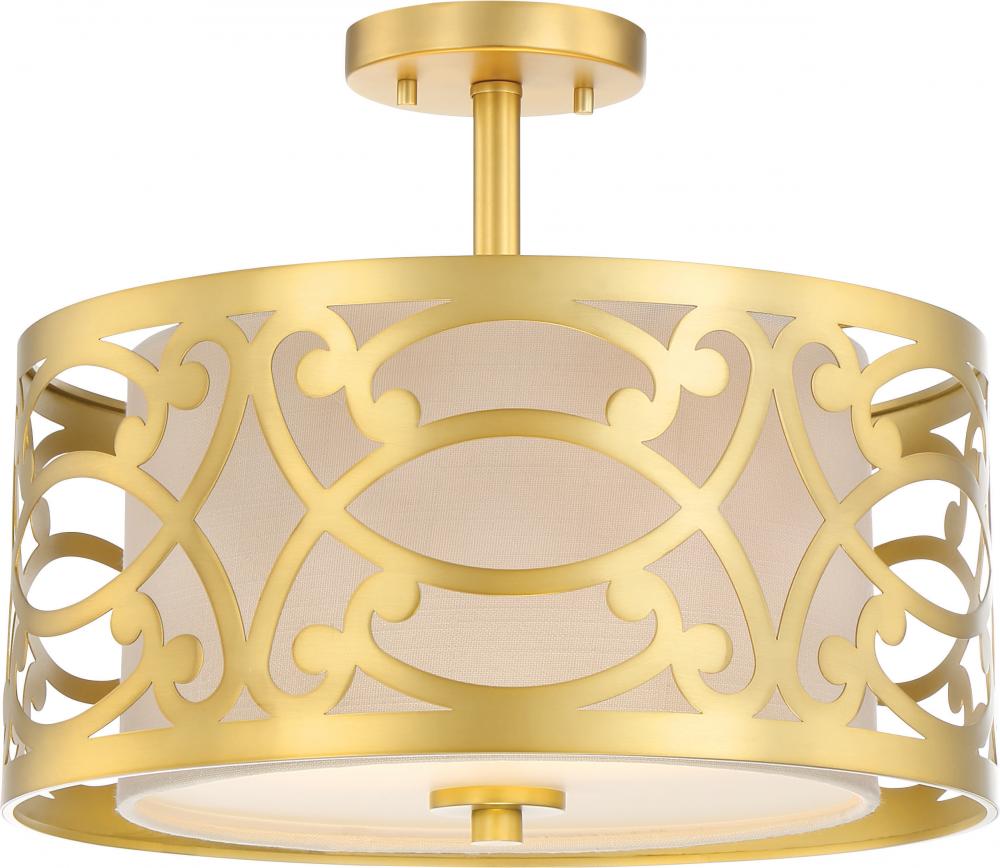 Filigree - 2 Light Semi Flushwith Beige Linen Shade - Natural Brass Finish