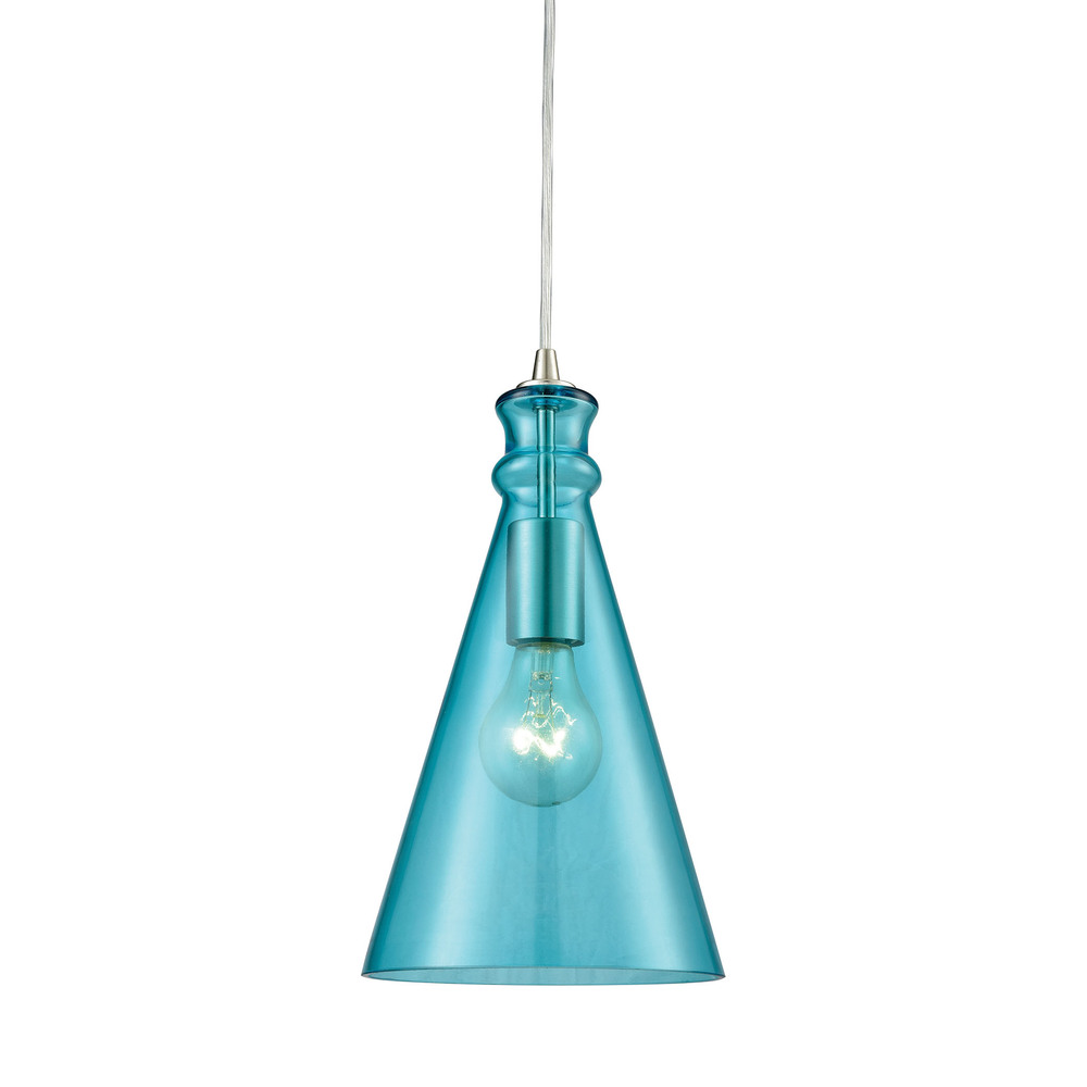 Parson 1 Light Pendant in Satin Nickel with Aqua Glass